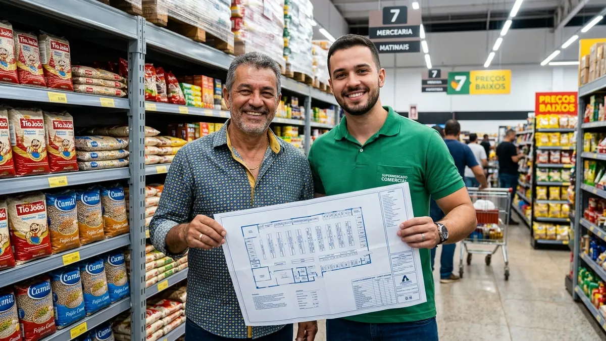 Pai e filho engenheiros e proprietários sorridentes segurando uma planta de layout de supermercado no corredor de gôndolas.