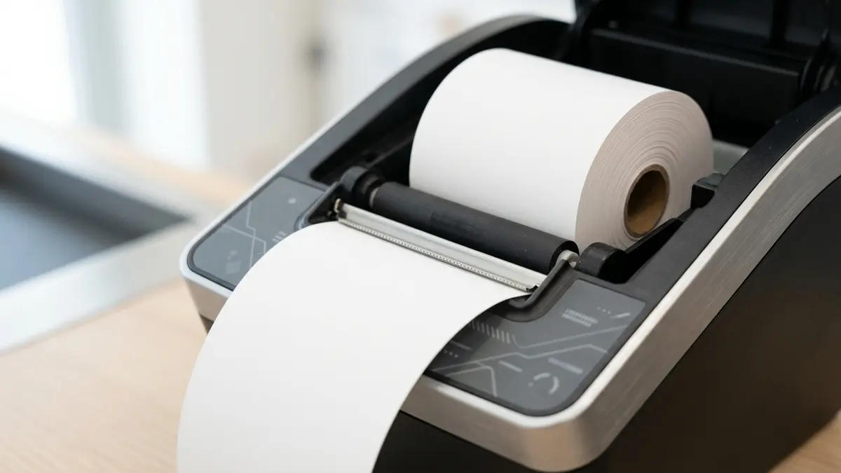 Operadora de caixa de supermercado sentada em cadeira ergonômica regulável, passando produtos no leitor de código de barras.