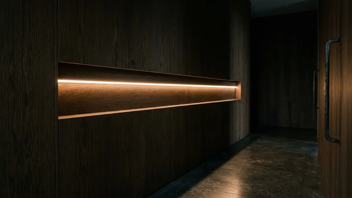 Gôndolas de madeira premium iluminadas de forma indireta por fitas de LED quente sob os consoles de aço.