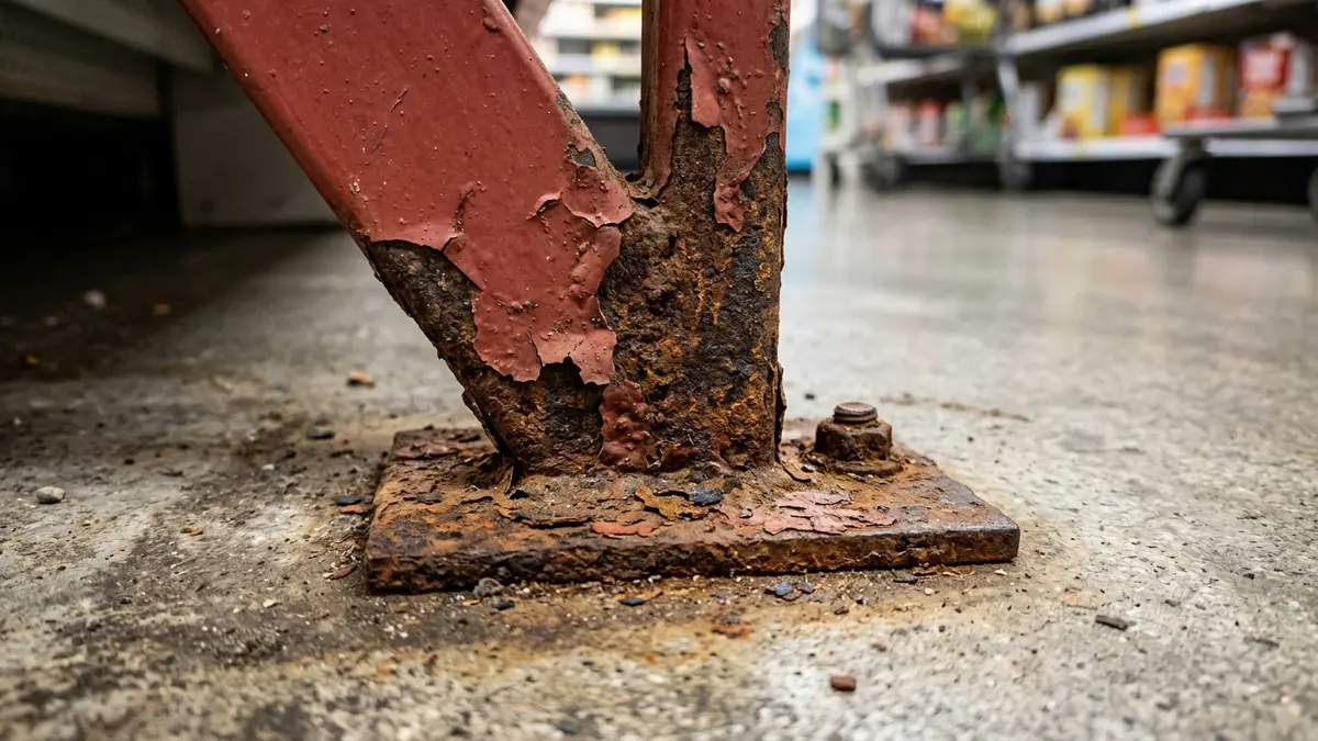Pé de gôndola de aço carbono sofrendo corrosão severa com tinta vermelha descascando no piso de supermercado.