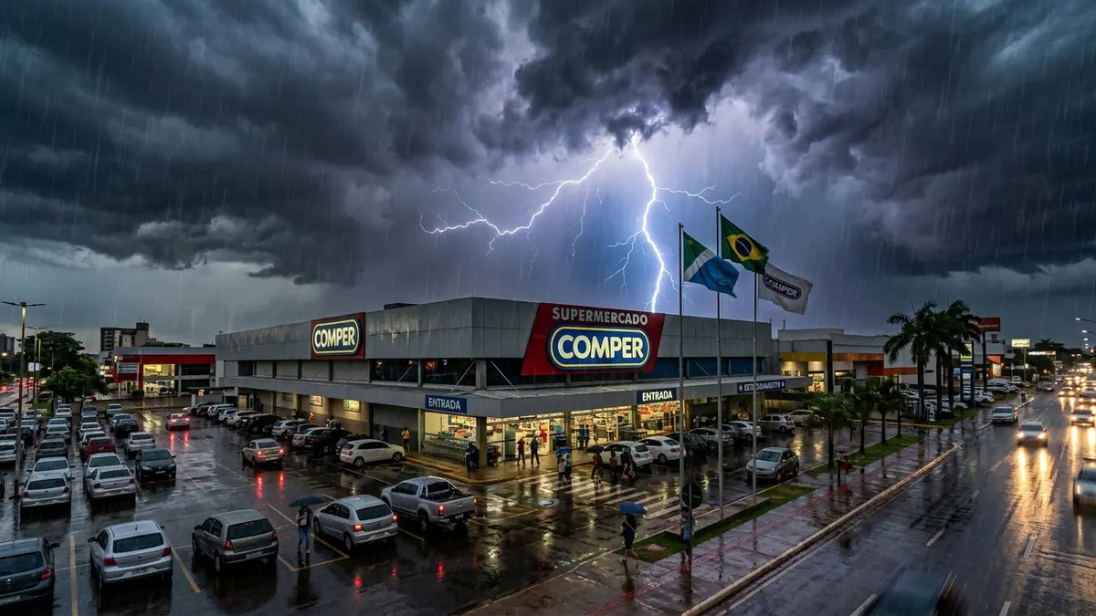 Raios de tempestade sobre fachada do Supermercado Comper molhada pela chuva em Campo Grande MS.