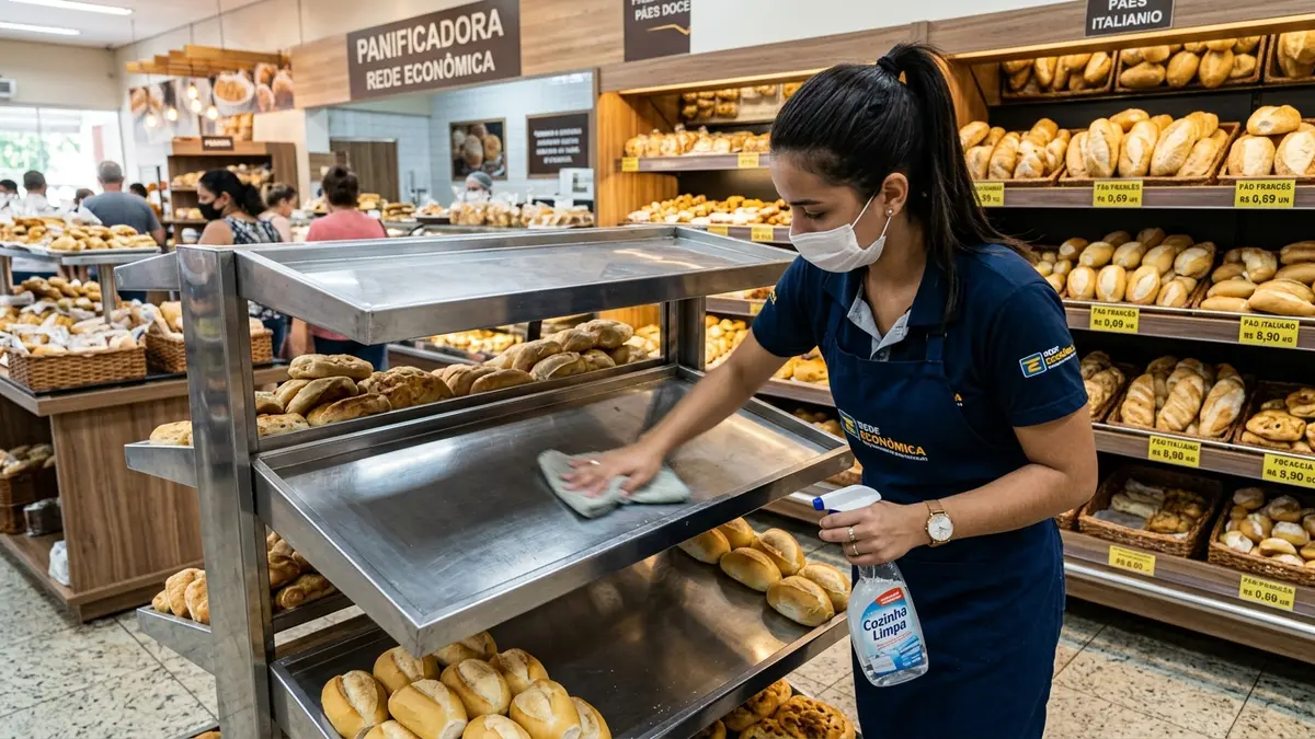 Funcionária de avental e máscara higienizando prateleiras de aço inox da panificação comercial com pano e borrifador.