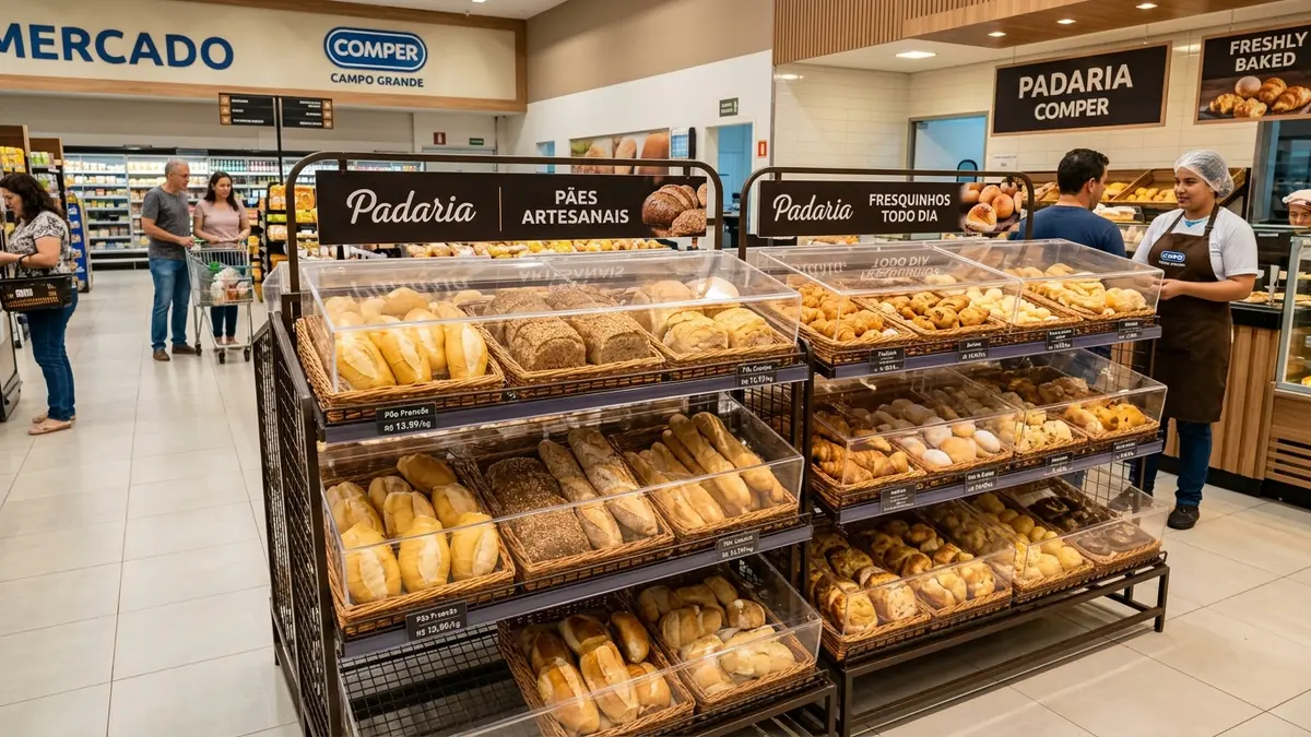 Setor de panificação higiênico e moderno do supermercado Comper em Campo Grande MS com pães expostos em gôndolas aramadas com acrílico.