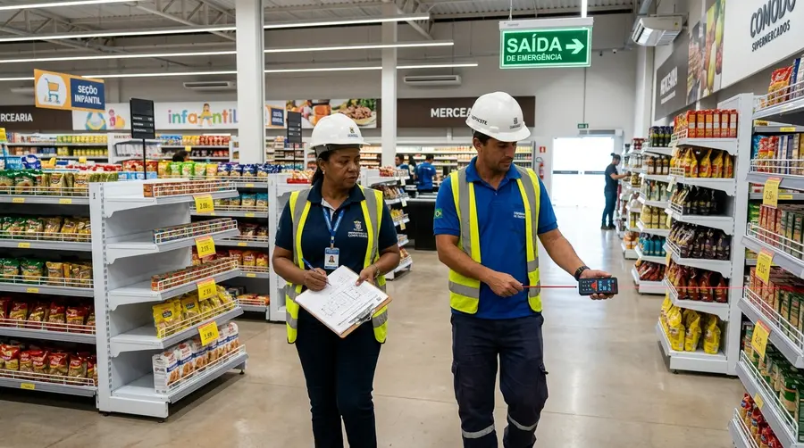 Vistoria técnica de Habite-se Declaratório e acessibilidade em salão de supermercado montado com gôndolas brancas e rotas de fuga em Campo Grande MS