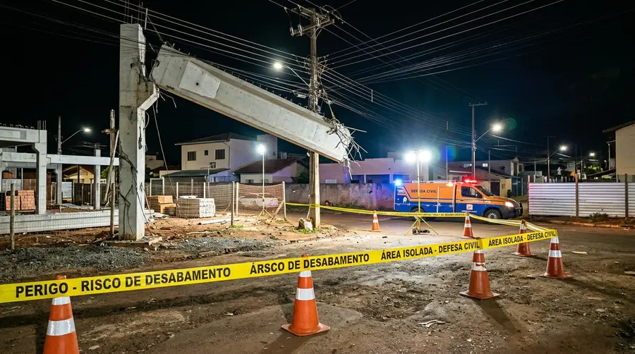 Viga de concreto pré-moldado pendurada e inclinada sobre via pública após segundo desabamento em obra de supermercado no Bairro Aero Rancho em Campo Grande MS