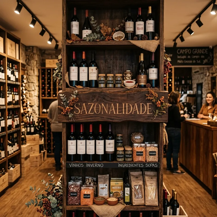 Exposição acolhedora de garrafas de vinho de inverno e ingredientes de caldos e sopas em adega com iluminação LED especial e prateleiras de madeira rústica em Campo Grande MS