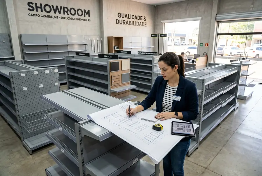 Showroom moderno exibindo prateleiras e gôndolas metálicas comerciais alinhadas e pintadas, com um arquiteto revisando uma prancheta de layout.
