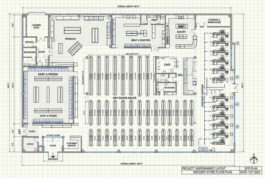 Projeto tridimensional de layout de um supermercado de médio porte exibindo a distribuição otimizada das gôndolas centrais, checkouts e fluxo de circulação.