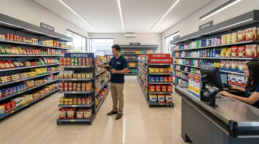 Interior de minimercado e comércio de bairro moderno em Campo Grande MS equipado com gôndolas de aço modulares evolutivas ABNT NBR 14762 e checkout compacto em aço inox AISI 304 sob a NR-17