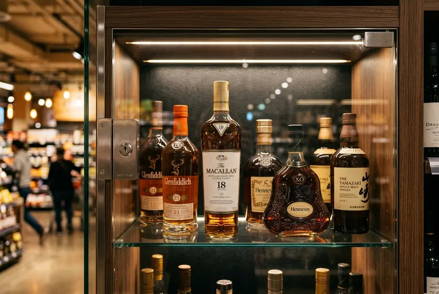 Display de segurança aramado premium contendo garrafas de bebidas sob iluminação LED em gôndola comercial de vidro.