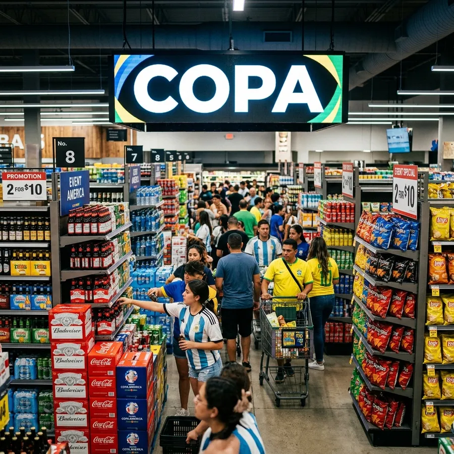 Supermercado movimentado com ilha central e letreiro promocional aéreo moderno em LED exibindo de forma sutil a palavra-gatilho COPA