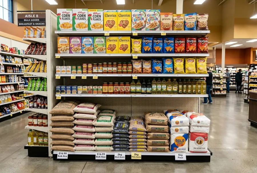 Gôndolas comerciais organizadas em um corredor de supermercado, exibindo produtos pesados na base e itens leves nas prateleiras superiores.