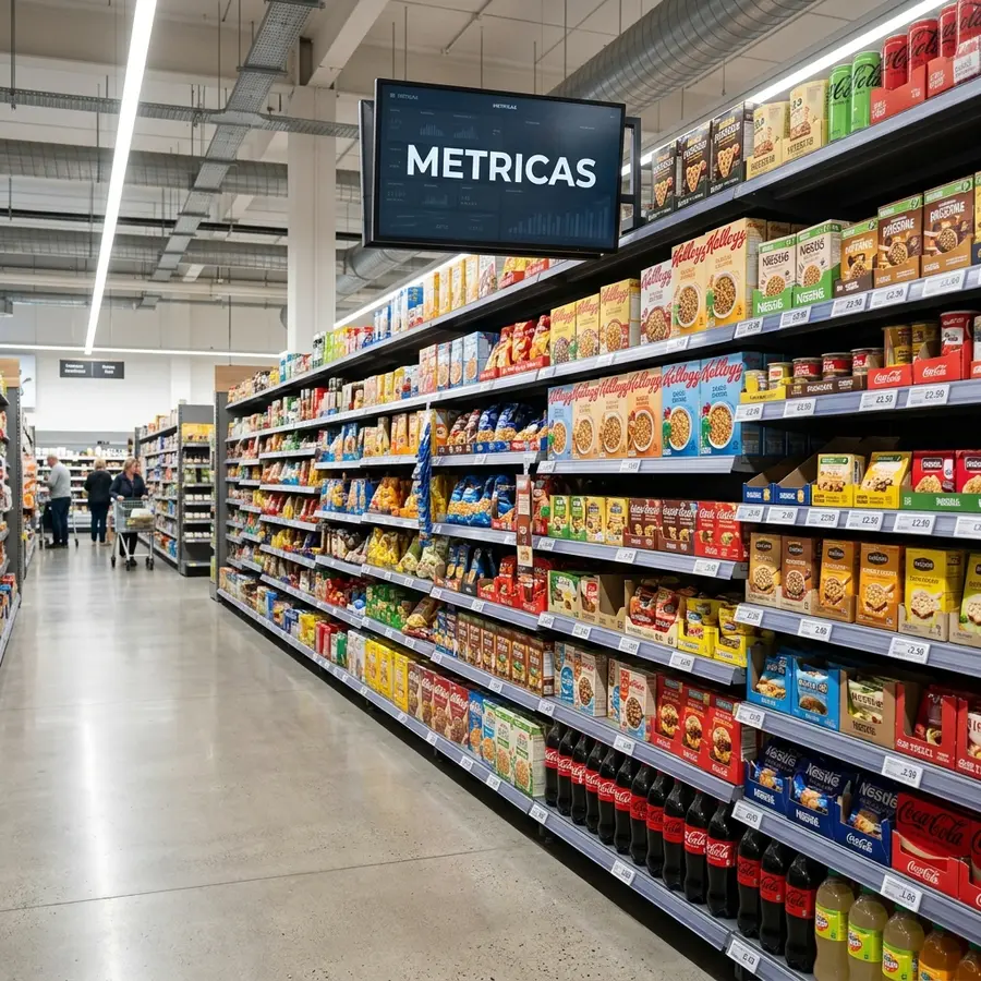 Corredor de supermercado premium iluminado, mostrando prateleiras organizadas de acordo com planograma e etiquetas nítidas com letreiro METRICAS no visor digital