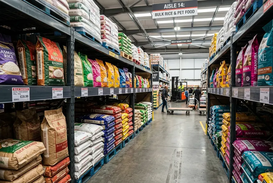Corredor central de supermercado focado em atacarejo, com gôndolas de aço de alta densidade repletas de caixas fechadas e fardos de alimentos pesados.