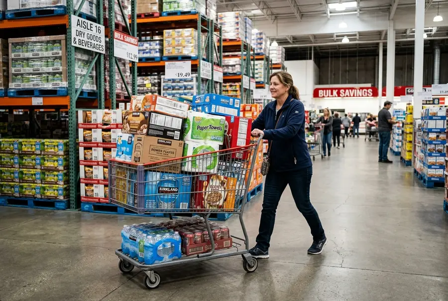 Cliente enchendo um carrinho de compras grande com fardos de arroz e pacotes gigantes de mantimentos.