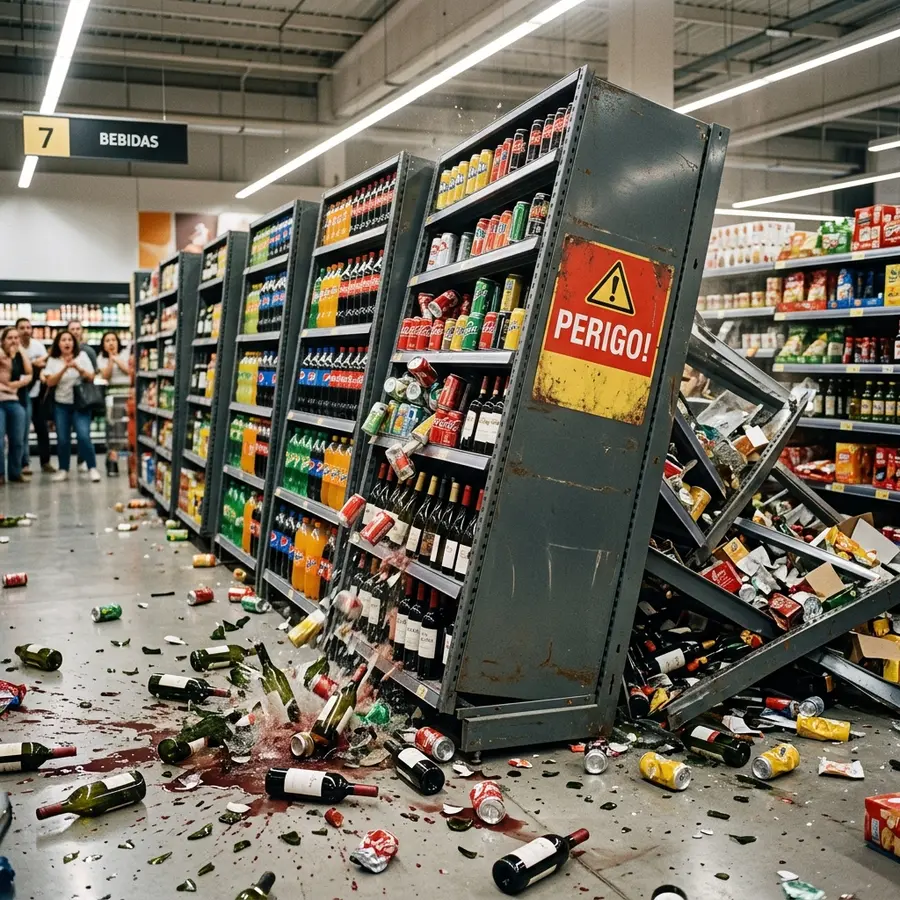 Foto impressionante de uma fileira de gôndolas de aço de bebidas caindo em efeito dominó, com garrafas quebrando no chão físico e o letreiro de aviso de segurança PERIGO em destaque na lateral
