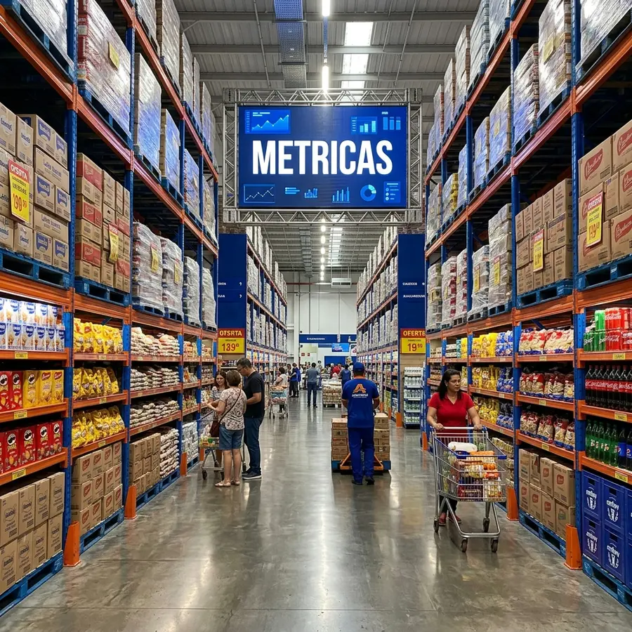 Foto realista e premium de um corredor de atacarejo amplo, com gôndolas de aço de alta capacidade organizadas de forma impecável e um painel eletrônico superior escrito METRICAS