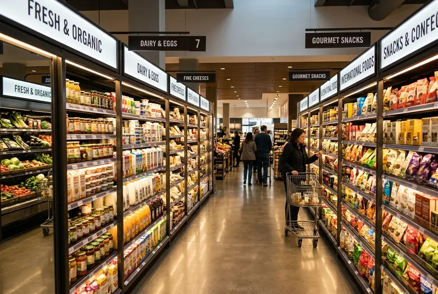 Moderno corredor de supermercado Gourmet com testeiras iluminadas no topo das gôndolas indicando a divisão por seções.