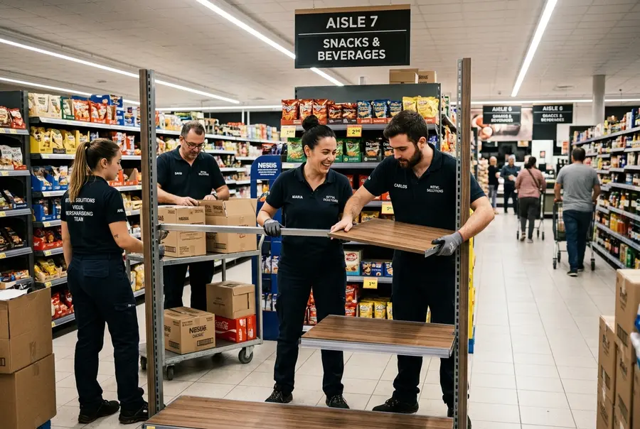 Equipe de Visual Merchandising modificando as prateleiras de encaixe rápido de uma gôndola sem usar ferramentas.