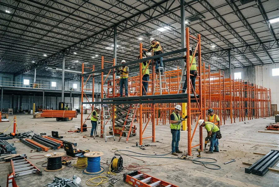 Equipe de montagem estrutural montando porta-pallets de aço de alta capacidade no salão central de uma loja de supermercado em retrofit.