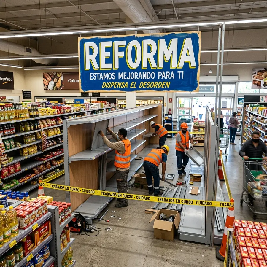 Salão de vendas de supermercado moderno passando por reforma com gôndolas de aço sendo limpas e reconfiguradas e letreiro promocional REFORMA ao fundo