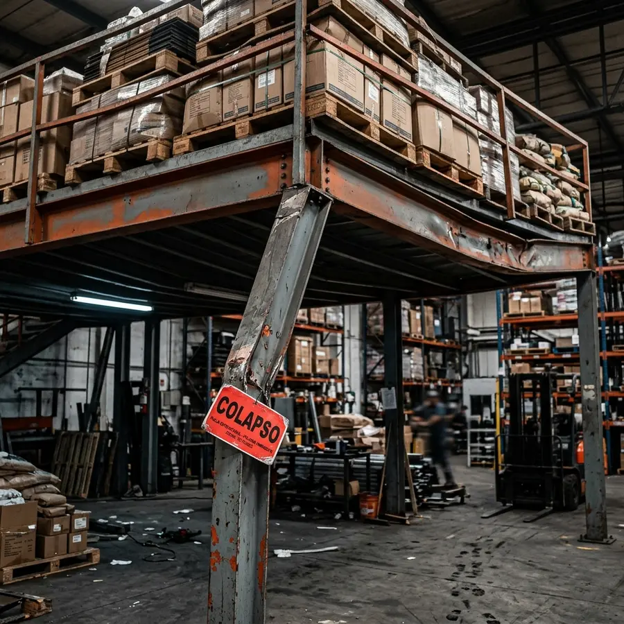 Foto realista mostrando a estrutura metálica de um mezanino comercial de armazenagem sob sobrecarga, com pilares e vigas apresentando empenamento e torção visível, com uma etiqueta vermelha com a palavra COLAPSO fixada no pilar