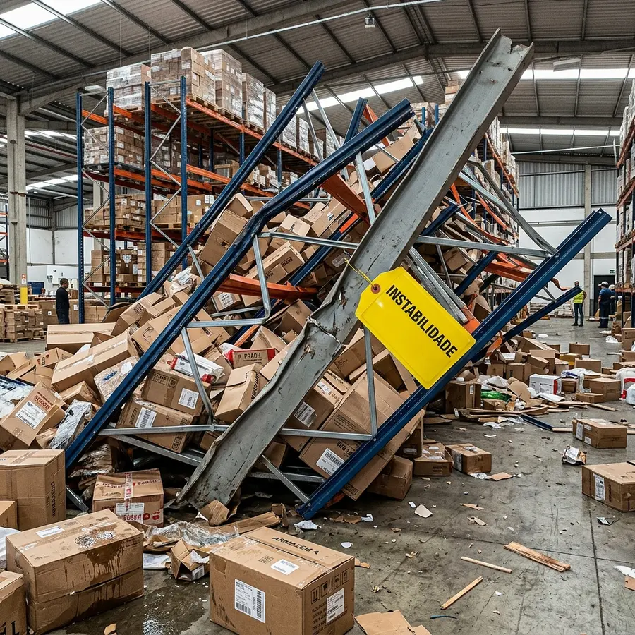 Foto realista e de forte impacto mostrando uma estante de aço comercial tombada lateralmente sobre caixas e pacotes amassados em um almoxarifado, com uma etiqueta amarela escrita INSTABILIDADE fixada na coluna metálica inclinada