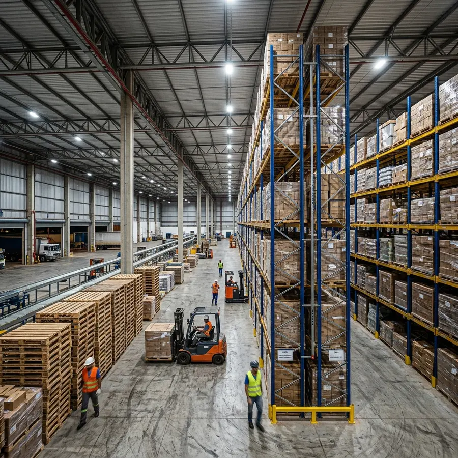Corredor interno amplo de novo centro de distribuição da Rota Bioceânica em MS com estruturas porta-pallets carregadas e palavra-gatilho LOGÍSTICA integrada de forma sutil na coluna metálica lateral