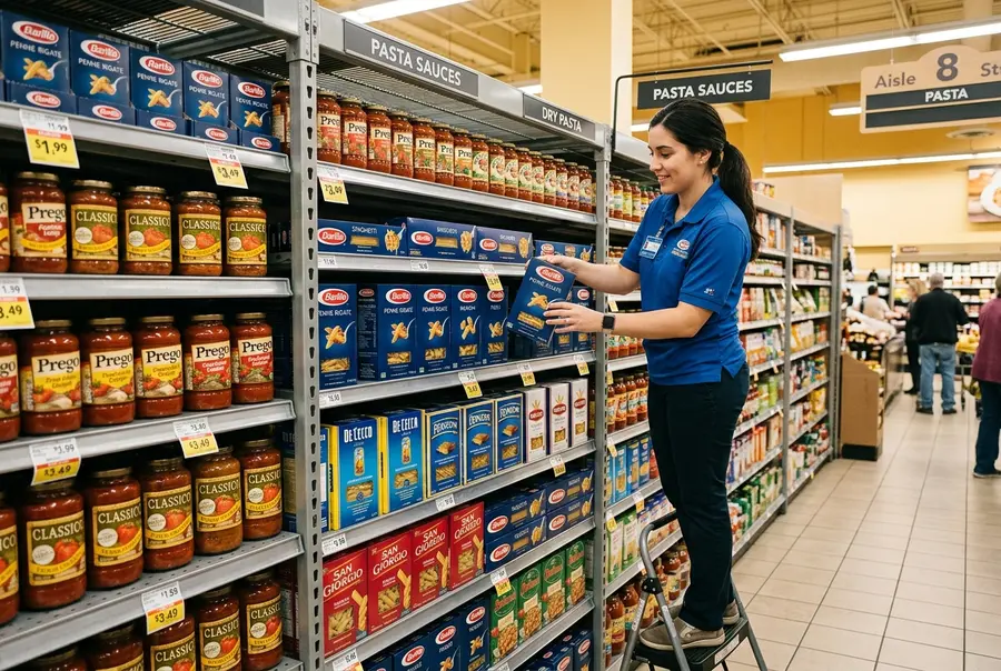Repositor de supermercado focado organizando as prateleiras de mercearia fina de forma organizada, garantindo que as gôndolas comerciais estejam 100% abastecidas.
