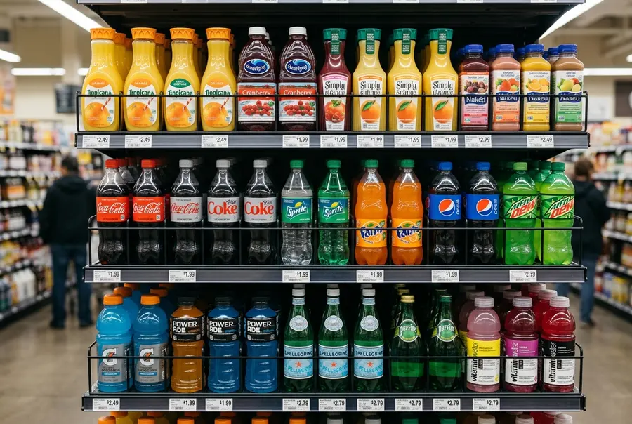 Gôndolas de bebidas organizadas perfeitamente, exibindo garrafas alinhadas de refrigerante e suco em trilhos com divisórias aramadas.