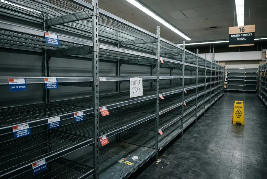 Visão de prateleiras vazias em um corredor de supermercado, demonstrando graficamente a quebra e o impacto negativo visual da ruptura de gôndola.