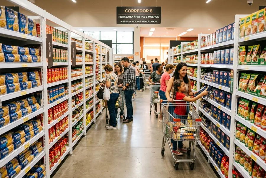 Corredores cheios de supermercado no sábado à tarde com gôndolas perfeitamente abastecidas de caixas de alimentos organizadas por planograma.