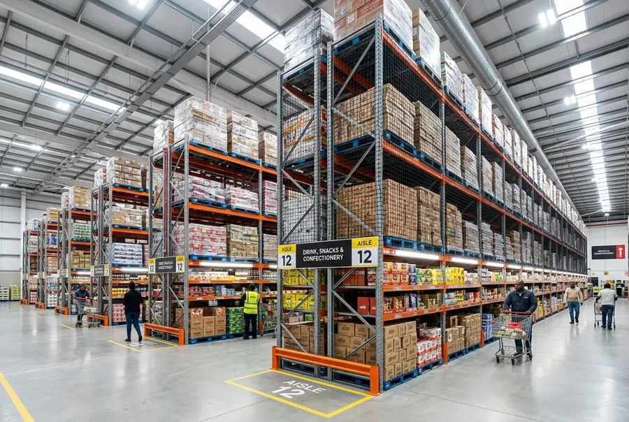 Visão ampla do interior de um atacarejo moderno exibindo longas estruturas porta-pallets metálicas azuis e laranjas com telas de proteção metálica instaladas nas prateleiras superiores.
