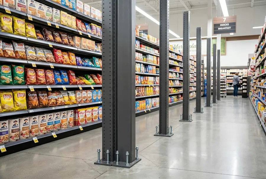 Gôndolas comerciais com produtos organizados de forma segura