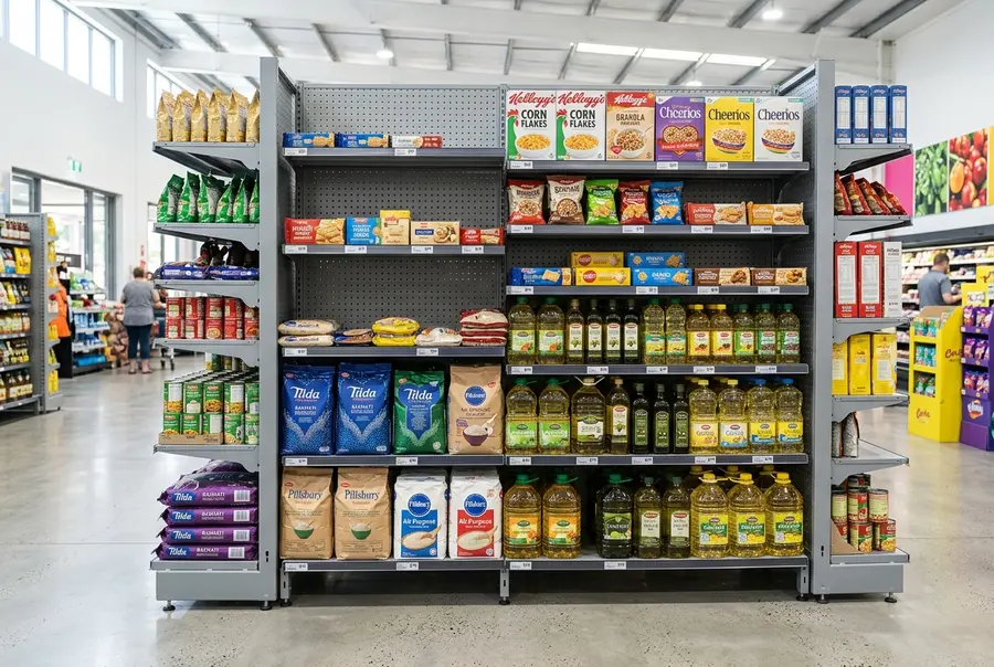 Imagem de gôndolas comerciais com foco na segurança estrutural.