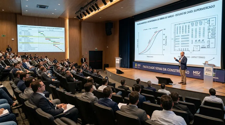 Palestra de abertura da II Semana da Construção Civil na Faculdade Senai da Construção em Campo Grande MS com engenheiros debatendo planejamento de obras e cronogramas no varejo