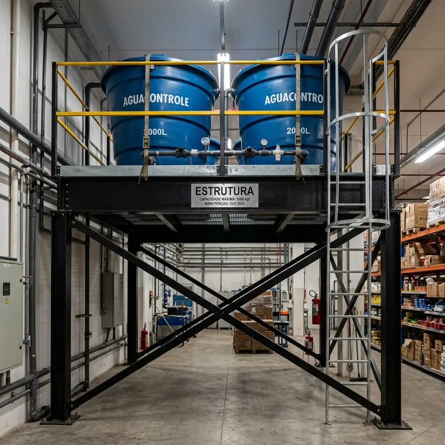 Foto profissional do interior de uma área técnica comercial mostrando uma estrutura de mezanino metálico robusto reforçada por vigas de aço pretas que sustenta dois grandes tanques de água azuis de forma estável com o letreiro ESTRUTURA