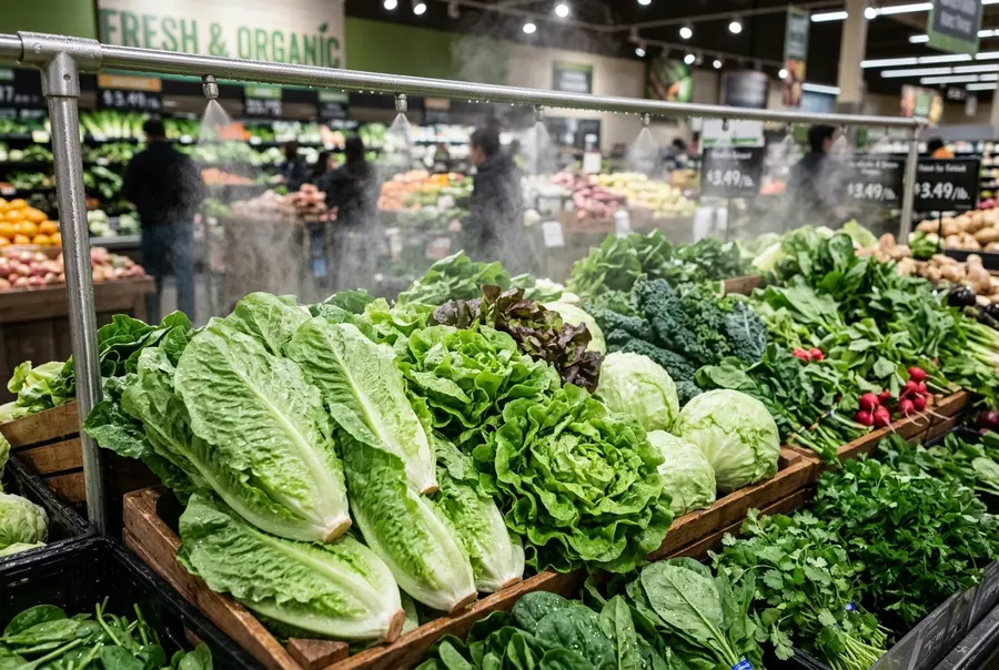 Close-up de expositor hortifruti refrigerado com folhagens frescas e sistema de névoa umidificadora ativo.