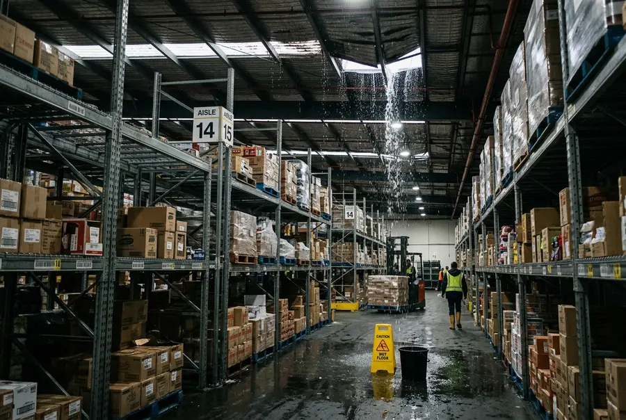 Visão interna de um grande galpão logístico e depósito de supermercado com estruturas metálicas porta-pallets verticais, com goteiras caindo do telhado devido a avarias da tempestade.