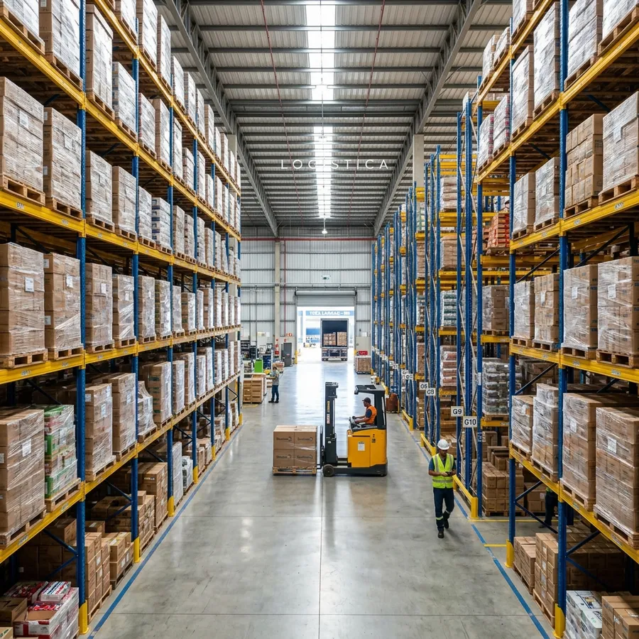 Interior de grande centro de distribuição industrial e logístico em Três Lagoas MS, mostrando corredores amplos de porta-pallets de aço amarelo e azul carregados de mercadorias