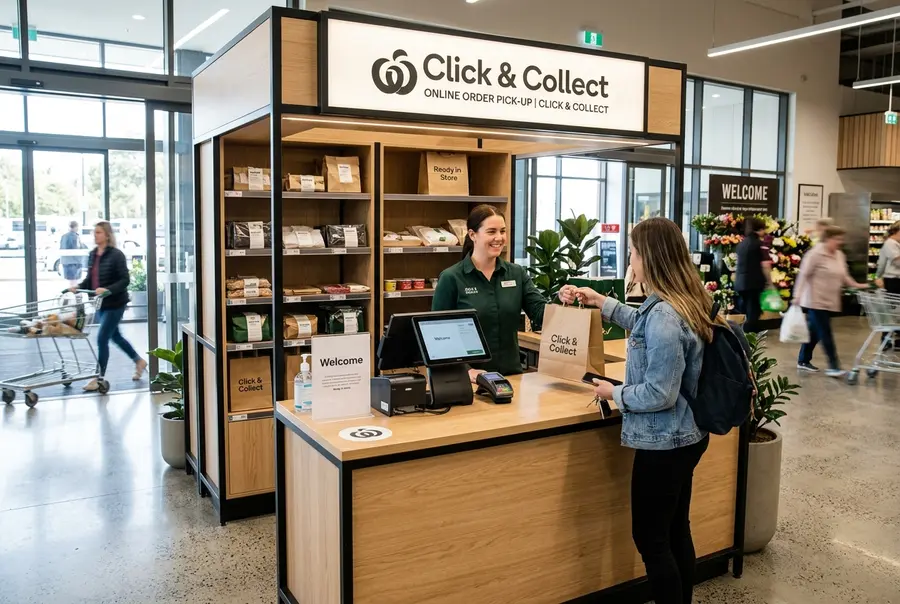 Balcão de Click & Collect com design minimalista de madeira clara e metal, contendo prateleiras internas organizadas com sacolas de compras prontas para retirada.
