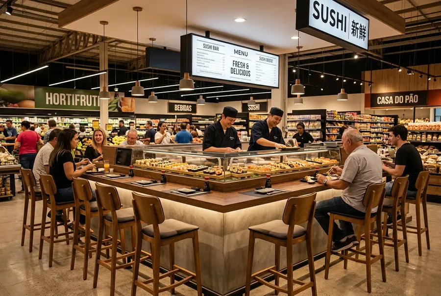 Área de alimentação e sushi bar moderna instalada dentro do supermercado, com balcões de madeira rústica, banquetas pretas e luminárias aconchegantes.