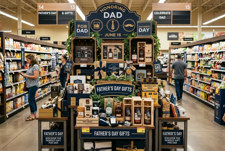 Ilha promocional temática de Dia dos Pais em um supermercado limpo, exibindo caixas de presentes e cestas especiais organizadas.