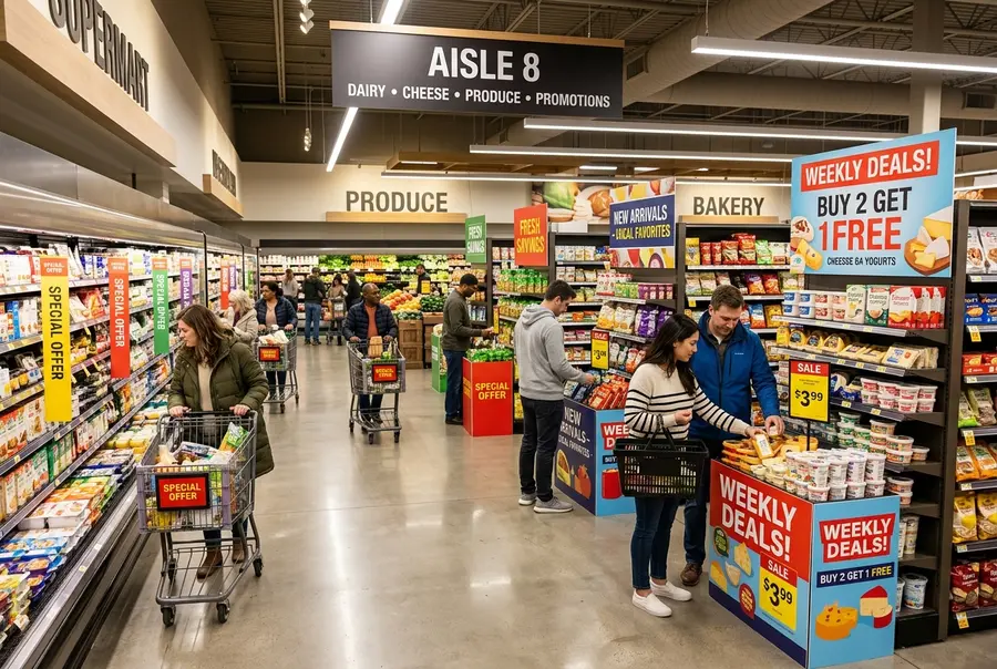 Visão ampla de um corredor de supermercado moderno com fluxo ativo de clientes e ilhas promocionais organizadas ao centro.